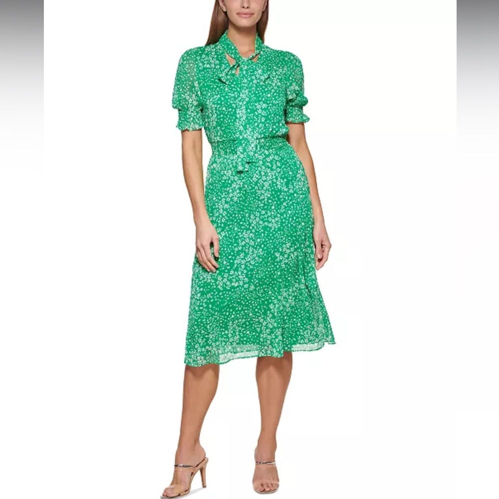 DKNY Printed Green White Floral Tie-Neck Midi Dress
